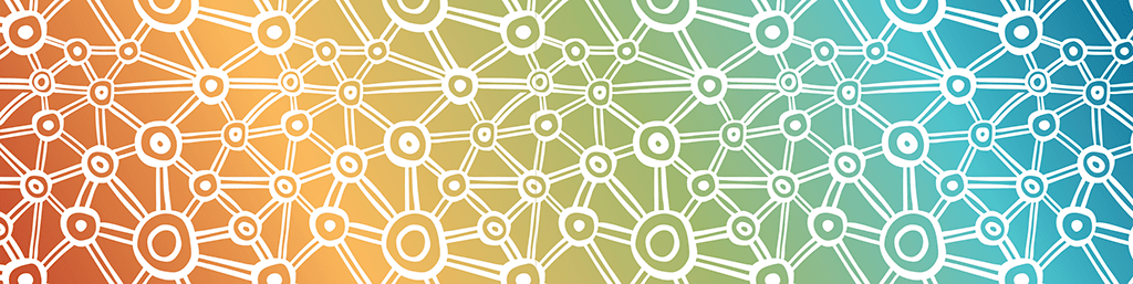 River of Life artwork banner. A white pattern featuring circles and lines is overlaid on a colourful background transitioning from red through orange, yellow, and shades of green and blue.